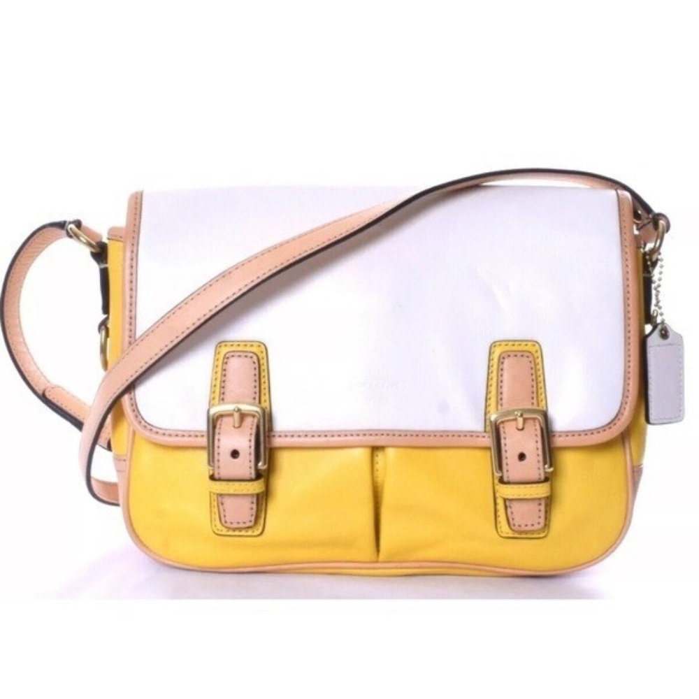 Coach Yellow /White leather buckle details crossbody purse w/pockets F23383